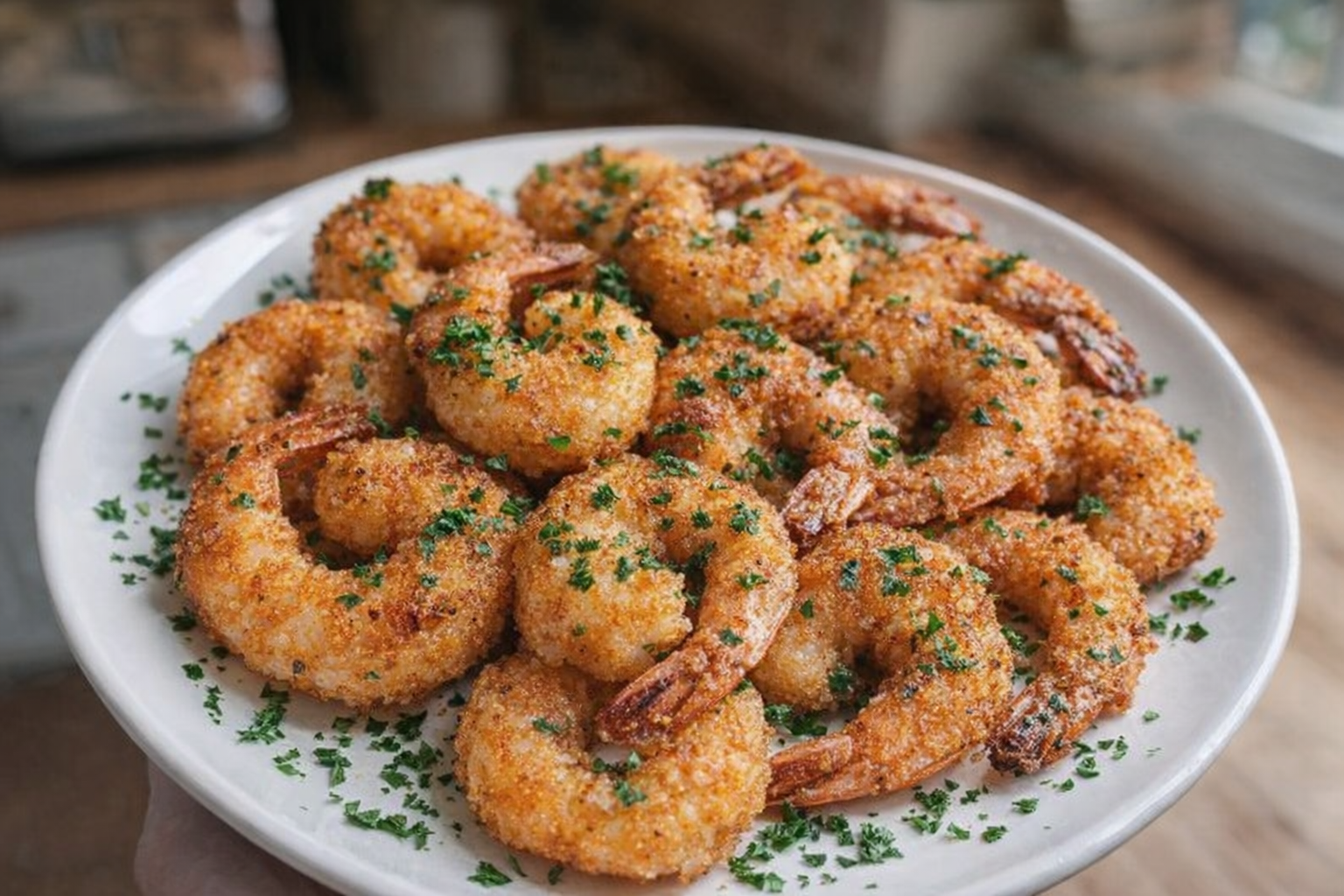 A close-up, top-down shot of perfectly cooked air fryer shrimp, golden brown and crispy, arranged artfully on a white plate with a sprinkle of fresh parsley
